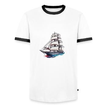 Piraten Schiff / Boot / Meer / Ocean / Wellen - Männer Kontrast-T-Shirt - Weiß/Schwarz - Vorne - AI Model Female 172 light (172cm) & AI Model Male 178 dark (178cm)