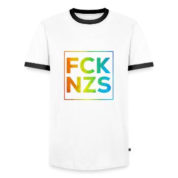 FCK NZS mit Rahmen Regenbogen - Männer Kontrast-T-Shirt - Weiß/Schwarz - Vorne - AI Model Female 172 light (172cm) & AI Model Male 178 dark (178cm)