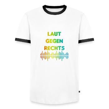 Laut gegen rechts Nr 05 - Männer Kontrast-T-Shirt - Weiß/Schwarz - Vorne - AI Model Female 172 light (172cm) & AI Model Male 178 dark (178cm)