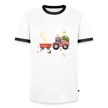 1. Jubiläum Landwirtschaft - Männer Kontrast-T-Shirt - Weiß/Schwarz - Vorne - AI Model Female 172 light (172cm) & AI Model Male 178 dark (178cm)