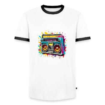 Radio / Analog / Music / Frequency / Speakers - Men's Ringer Shirt - white/black - Front - AI Model Female 172 light (172cm) & AI Model Male 178 dark (178cm)