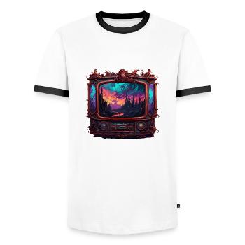 TV / Television / Analogue / Tube TV / Retro - Men's Ringer Shirt - white/black - Front - AI Model Female 172 light (172cm) & AI Model Male 178 dark (178cm)