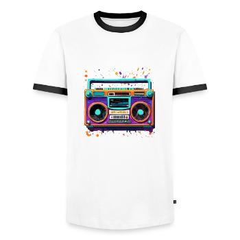 Radio / Analog / Music / Frequency / Speakers - Men's Ringer Shirt - white/black - Front - AI Model Female 172 light (172cm) & AI Model Male 178 dark (178cm)
