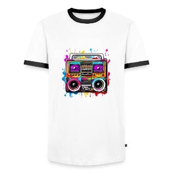 Radio / Analog / Music / Frequency / Speakers - Men's Ringer Shirt - white/black - Front - AI Model Female 172 light (172cm) & AI Model Male 178 dark (178cm)