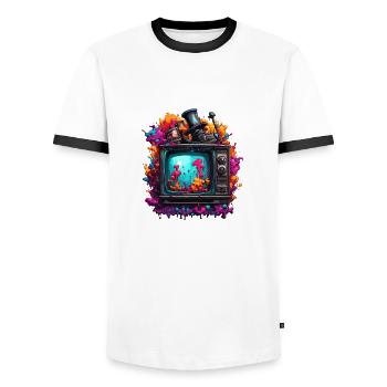 TV / Television / Analogue / Tube TV / Retro - Men's Ringer Shirt - white/black - Front - AI Model Female 172 light (172cm) & AI Model Male 178 dark (178cm)