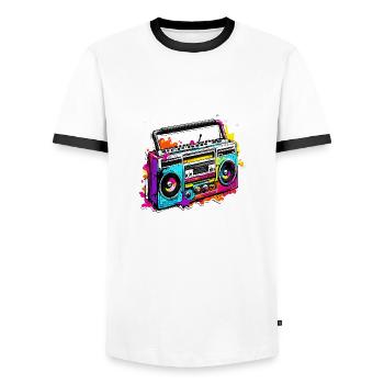 Radio / Analog / Music / Frequency / Speakers - Men's Ringer Shirt - white/black - Front - AI Model Female 172 light (172cm) & AI Model Male 178 dark (178cm)