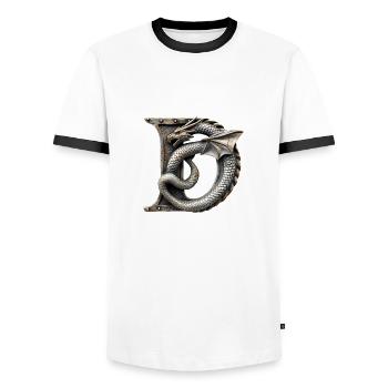 Buchstabe "D" im Drachendesign. - Männer Kontrast-T-Shirt - Weiß/Schwarz - Vorne - AI Model Female 172 light (172cm) & AI Model Male 178 dark (178cm)