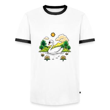 Ruhiger Schwan, der über einen ruhigen See gleitet - Männer Kontrast-T-Shirt - Weiß/Schwarz - Vorne - AI Model Female 172 light (172cm) & AI Model Male 178 dark (178cm)