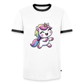 Danse de la licorne heureuse - T-shirt contrasté Homme - blanc/noir - Devant - AI Model Female 172 light (172cm) & AI Model Male 178 dark (178cm)