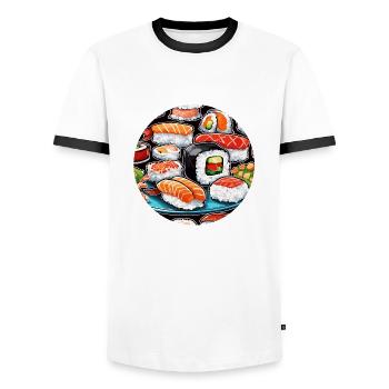 Sushi / Maki / Nigiri / Wasabi / Asiatique - T-shirt contrasté Homme - blanc/noir - Devant - AI Model Female 172 light (172cm) & AI Model Male 178 dark (178cm)