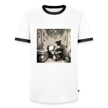 Hund, der im Badezimmer Zeitung liest ,retro look - Männer Kontrast-T-Shirt - Weiß/Schwarz - Vorne - AI Model Female 172 light (172cm) & AI Model Male 178 dark (178cm)