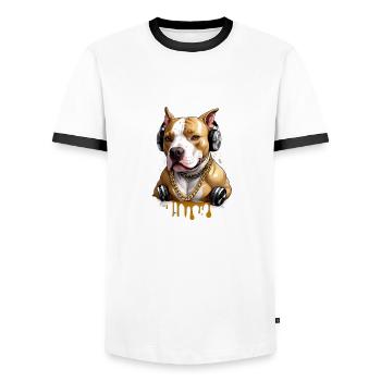 Chien bouledogue avec écouteurs - T-shirt contrasté Homme - blanc/noir - Devant - AI Model Female 172 light (172cm) & AI Model Male 178 dark (178cm)