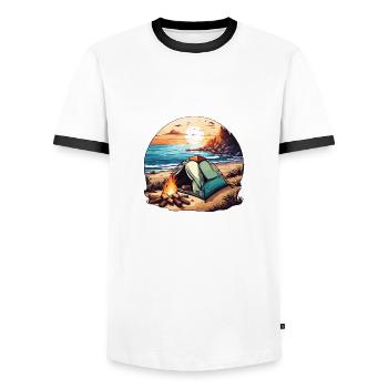 Forêt / Sauvage / Tente / Sauvage / Arbres / Vie - T-shirt contrasté Homme - blanc/noir - Devant - AI Model Female 172 light (172cm) & AI Model Male 178 dark (178cm)