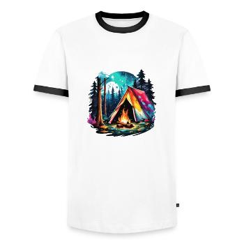 Forêt / Sauvage / Tente / Sauvage / Arbres / Vie - T-shirt contrasté Homme - blanc/noir - Devant - AI Model Female 172 light (172cm) & AI Model Male 178 dark (178cm)