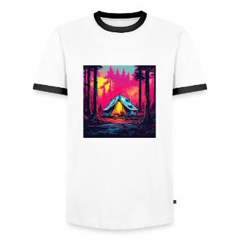 Forêt / Sauvage / Tente / Sauvage / Arbres / Vie - T-shirt contrasté Homme - blanc/noir - Devant - AI Model Female 172 light (172cm) & AI Model Male 178 dark (178cm)
