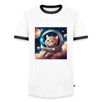 Niedliche Katze im Weltraum - Männer Kontrast-T-Shirt - Weiß/Schwarz - Vorne - AI Model Female 172 light (172cm) & AI Model Male 178 dark (178cm)