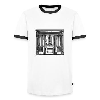 Door / Entrance / Lock / Gate / Front Door / Design - Men's Ringer Shirt - white/black - Front - AI Model Female 172 light (172cm) & AI Model Male 178 dark (178cm)
