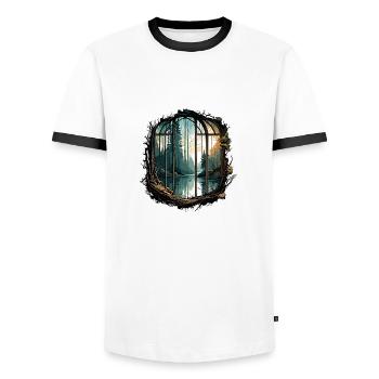 Fenêtre dans la forêt / Arbres / Vue / Sauvage - T-shirt contrasté Homme - blanc/noir - Devant - AI Model Female 172 light (172cm) & AI Model Male 178 dark (178cm)