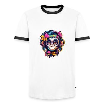 Cute Monkey / Monkey Girl / Cute / Hair Bow - Men's Ringer Shirt - white/black - Front - AI Model Female 172 light (172cm) & AI Model Male 178 dark (178cm)