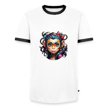Cute Monkey / Monkey Girl / Cute / Hair Bow - Men's Ringer Shirt - white/black - Front - AI Model Female 172 light (172cm) & AI Model Male 178 dark (178cm)