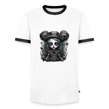 Poupée d’horreur / Halloween / Effrayant / Sombre - T-shirt contrasté Homme - blanc/noir - Devant - AI Model Female 172 light (172cm) & AI Model Male 178 dark (178cm)