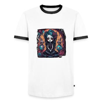 Poupée d’horreur / Halloween / Effrayant / Sombre - T-shirt contrasté Homme - blanc/noir - Devant - AI Model Female 172 light (172cm) & AI Model Male 178 dark (178cm)