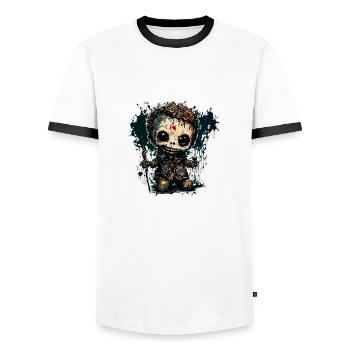 Poupée d’horreur / Halloween / Effrayant / Sombre - T-shirt contrasté Homme - blanc/noir - Devant - AI Model Female 172 light (172cm) & AI Model Male 178 dark (178cm)