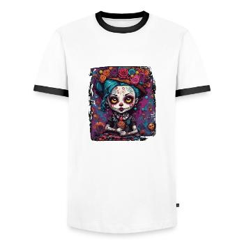 Poupée d’horreur / Halloween / Effrayant / Sombre - T-shirt contrasté Homme - blanc/noir - Devant - AI Model Female 172 light (172cm) & AI Model Male 178 dark (178cm)