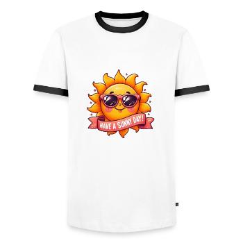 Kühle Sonne "Hab einen sonnigen Tag!" - Männer Kontrast-T-Shirt - Weiß/Schwarz - Vorne - AI Model Female 172 light (172cm) & AI Model Male 178 dark (178cm)