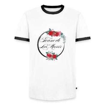 Red Floral Bride Team - Bachelorette Party Gift Idea - Men's Ringer Shirt - white/black - Front - AI Model Female 172 light (172cm) & AI Model Male 178 dark (178cm)