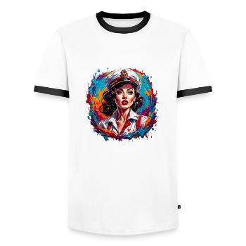 Marin / Pin-up / Navire / Bateau / Ancre / Dame - T-shirt contrasté Homme - blanc/noir - Devant - AI Model Female 172 light (172cm) & AI Model Male 178 dark (178cm)