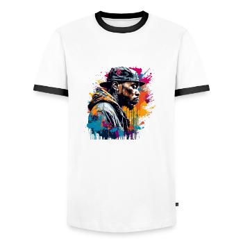 Rapper / Hip Hop / Song / Cool / Rhymes / Beat - Men's Ringer Shirt - white/black - Front - AI Model Female 172 light (172cm) & AI Model Male 178 dark (178cm)