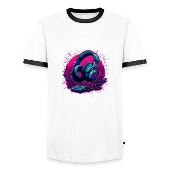 Headphones / Audio / Music / Sound / Cool - Men's Ringer Shirt - white/black - Front - AI Model Female 172 light (172cm) & AI Model Male 178 dark (178cm)