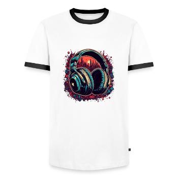 Headphones / Audio / Music / Sound / Cool - Men's Ringer Shirt - white/black - Front - AI Model Female 172 light (172cm) & AI Model Male 178 dark (178cm)