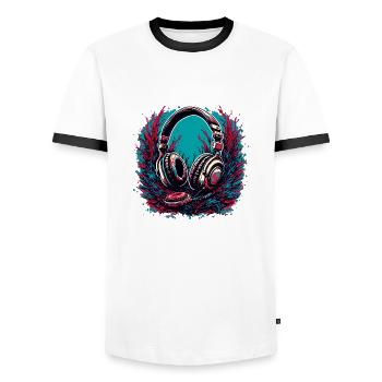 Headphones / Audio / Music / Sound / Cool - Men's Ringer Shirt - white/black - Front - AI Model Female 172 light (172cm) & AI Model Male 178 dark (178cm)