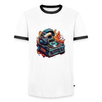 Headphones / Audio / Music / Sound / Cool - Men's Ringer Shirt - white/black - Front - AI Model Female 172 light (172cm) & AI Model Male 178 dark (178cm)