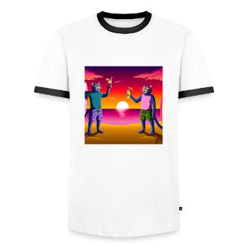 Gato Loco Surfdudes Chats Coucher De Soleil Mer Plage Chat - T-shirt contrasté Homme - blanc/noir - Devant - AI Model Female 172 light (172cm) & AI Model Male 178 dark (178cm)