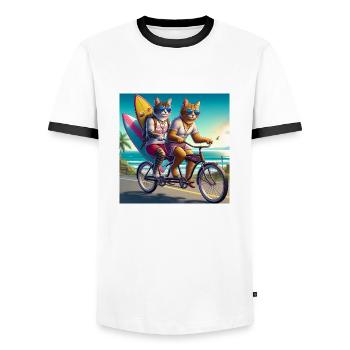 Gato Loco Riding Cat Dudes Bicycle Cat Surfer - Men's Ringer Shirt - white/black - Front - AI Model Female 172 light (172cm) & AI Model Male 178 dark (178cm)
