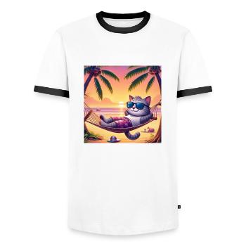 Gato Loco Cat Chilling Cat Holiday Relax Palm Tree - Men's Ringer Shirt - white/black - Front - AI Model Female 172 light (172cm) & AI Model Male 178 dark (178cm)