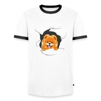 Un chien de Poméranie souriant jette un coup d’œil à travers le papier déchiré - T-shirt contrasté Homme - blanc/noir - Devant - AI Model Female 172 light (172cm) & AI Model Male 178 dark (178cm)
