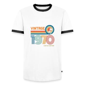 Vintage 1970 limited edition - Men's Ringer Shirt - white/black - Front - AI Model Female 172 light (172cm) & AI Model Male 178 dark (178cm)