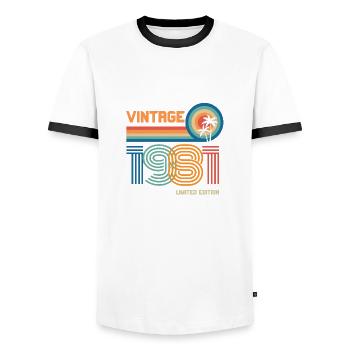 Vintage 1981 limited edition - Men's Ringer Shirt - white/black - Front - AI Model Female 172 light (172cm) & AI Model Male 178 dark (178cm)