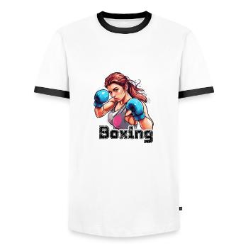 Boxer / Sports / Fight / Arena / Boxing Ring / Fists - Men's Ringer Shirt - white/black - Front - AI Model Female 172 light (172cm) & AI Model Male 178 dark (178cm)