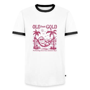 Old but Gold Chill with the Yeti - Men's Ringer Shirt - white/black - Front - AI Model Female 172 light (172cm) & AI Model Male 178 dark (178cm)