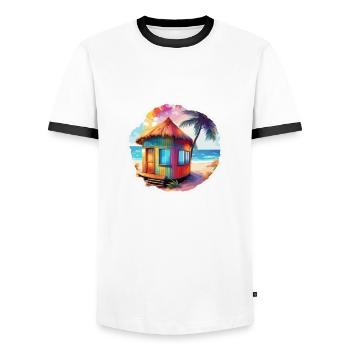 Haus am See / Hütte / See / Berge / Natur /Wald - Männer Kontrast-T-Shirt - Weiß/Schwarz - Vorne - AI Model Female 172 light (172cm) & AI Model Male 178 dark (178cm)