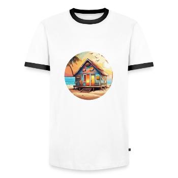 Lakeside House / Cabin / Lake / Mountains / Nature /Forest - Men's Ringer Shirt - white/black - Front - AI Model Female 172 light (172cm) & AI Model Male 178 dark (178cm)