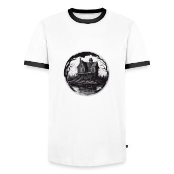 Haus am See / Hütte / See / Berge / Natur /Wald - Männer Kontrast-T-Shirt - Weiß/Schwarz - Vorne - AI Model Female 172 light (172cm) & AI Model Male 178 dark (178cm)