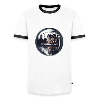 Lakeside House / Cabin / Lake / Mountains / Nature /Forest - Men's Ringer Shirt - white/black - Front - AI Model Female 172 light (172cm) & AI Model Male 178 dark (178cm)