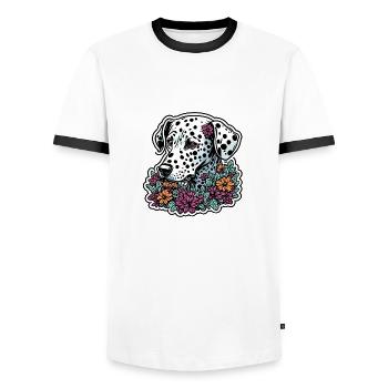 Dalmatien / Chien / Animal / Animal de compagnie / Aboiement - T-shirt contrasté Homme - blanc/noir - Devant - AI Model Female 172 light (172cm) & AI Model Male 178 dark (178cm)