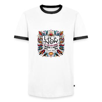 Life is now - Men's Ringer Shirt - white/black - Front - AI Model Female 172 light (172cm) & AI Model Male 178 dark (178cm)